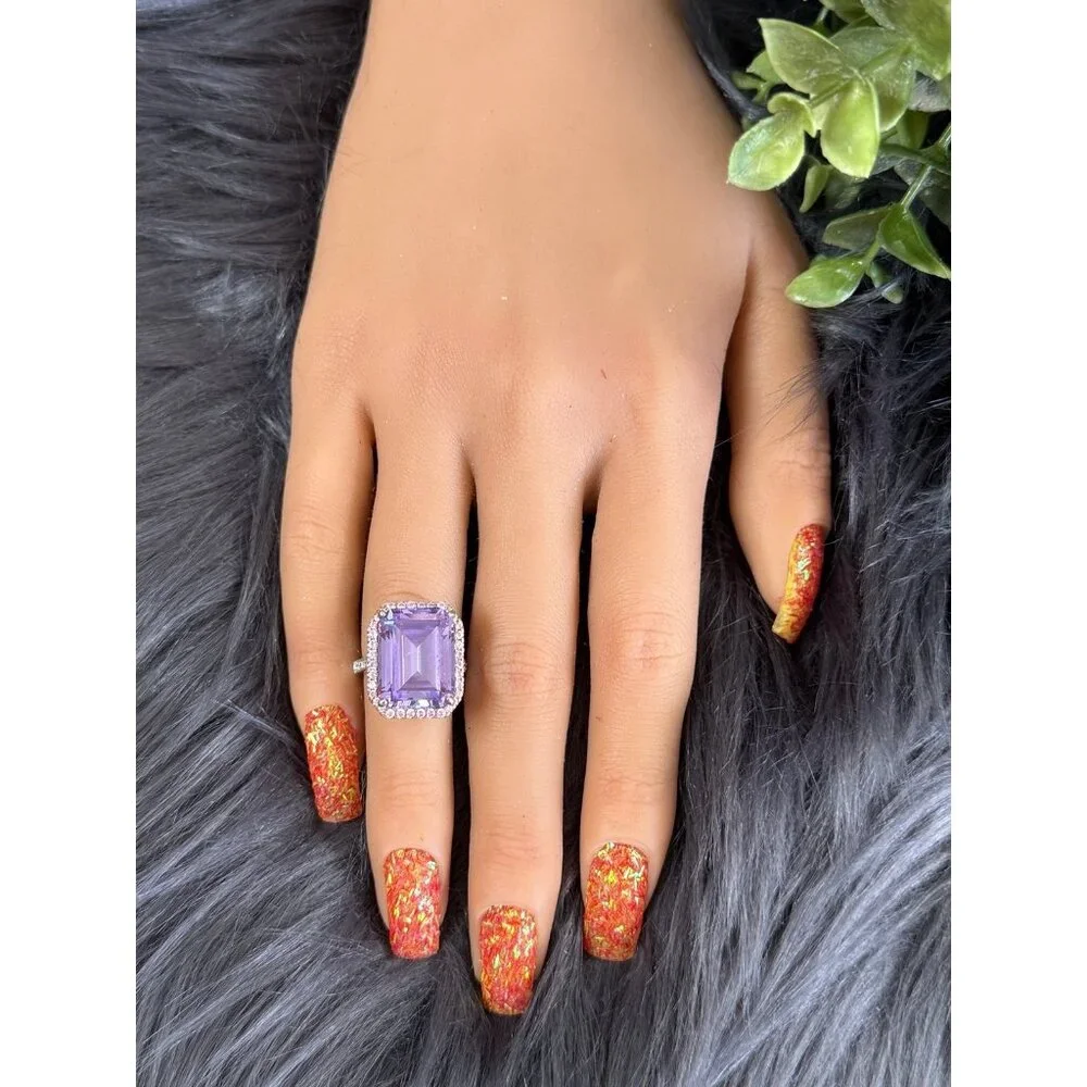 Amethyst Colored with Pink Cz Silver 925‎ Ring